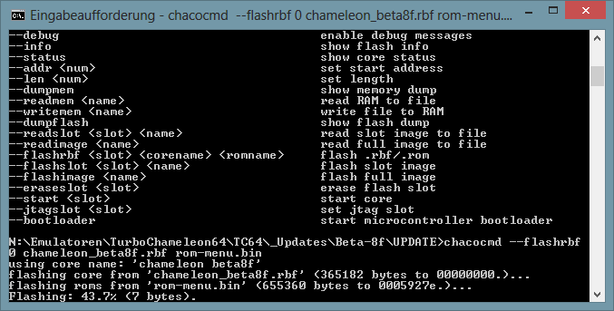 chacocmd --flashrbf 0 chameleon_beta8f.rbf rom-menu.bin