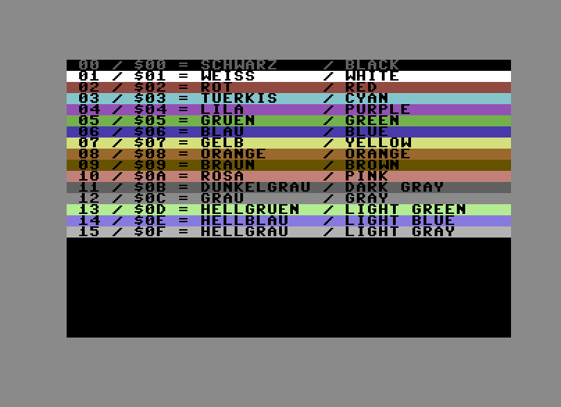 Folgende Farben des C64, können wir für die Rasterbars nutzen.